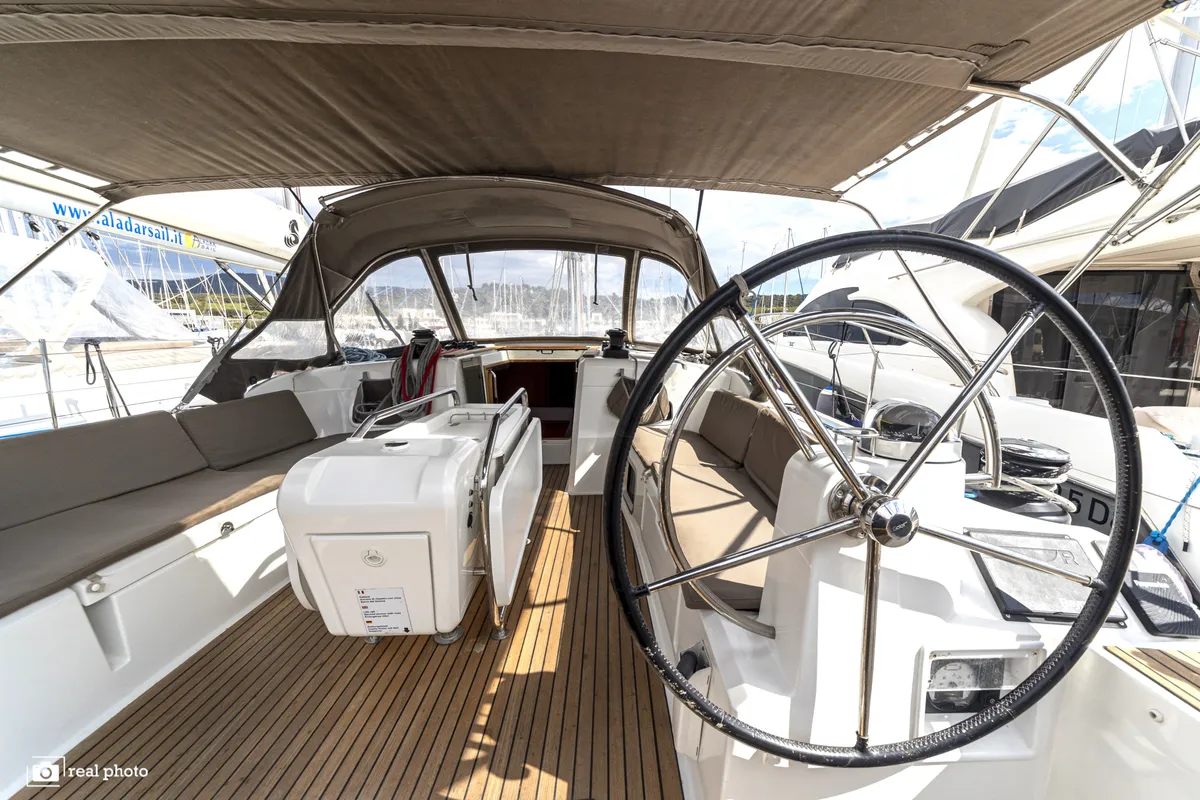 Cockpit of Bianca - Water maker, Solar Panel, a Jeanneau Sun Odyssey 519 sailboat at Puntone di Scarlino, Italy
