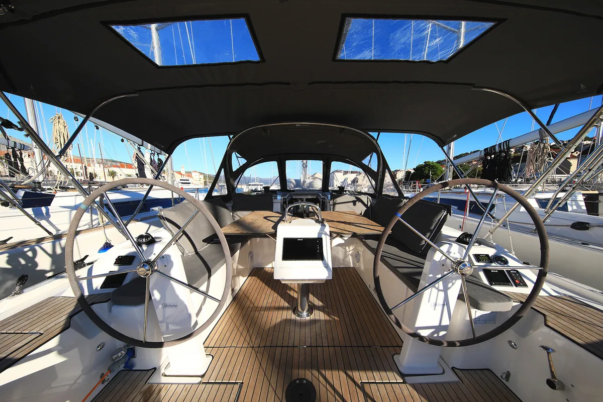 Cockpit of Lizzy, a Bavaria C42 Style sailboat at Grad Trogir, Croatia