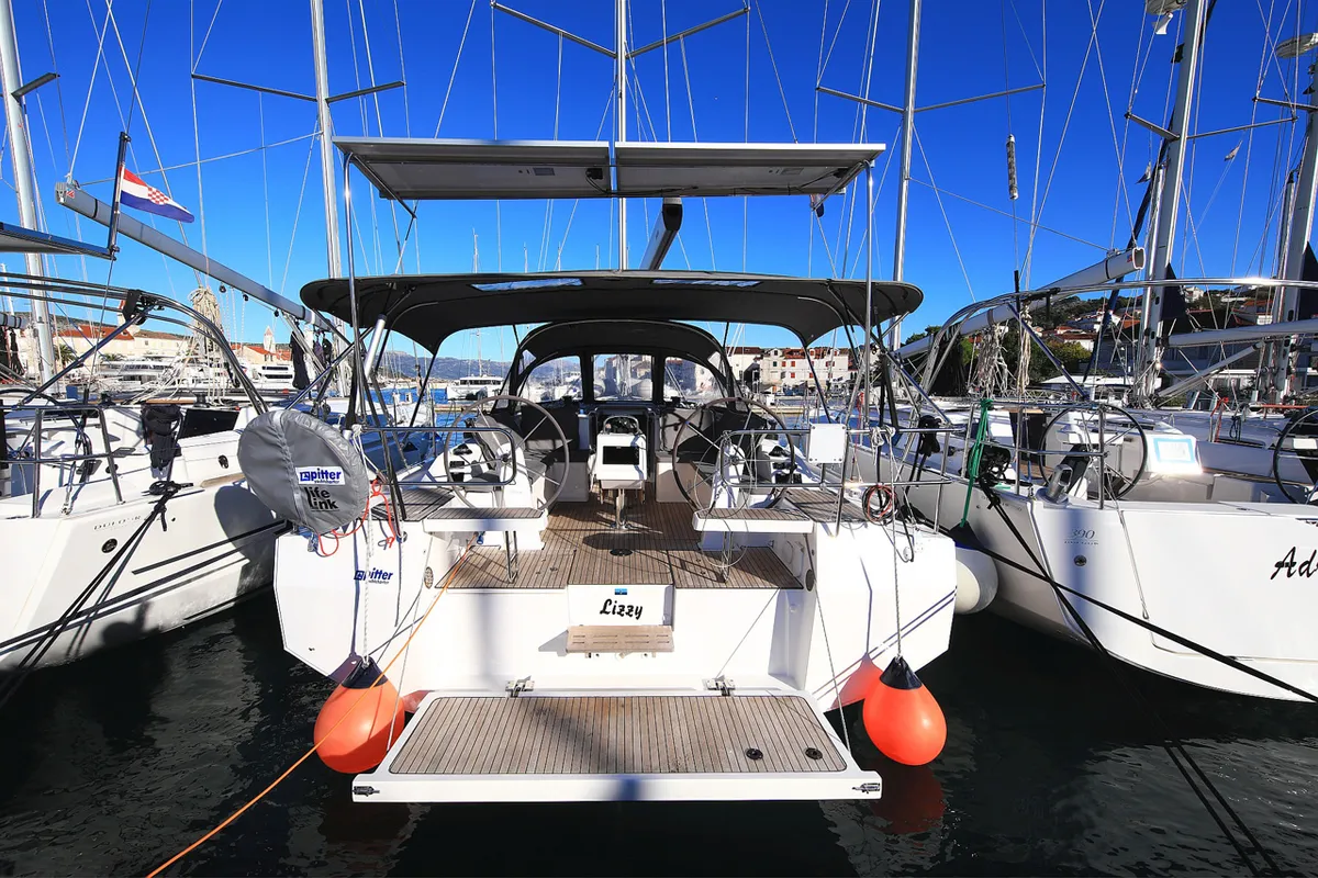 Exterior view of Lizzy, a Bavaria C42 Style sailboat at Grad Trogir, Croatia