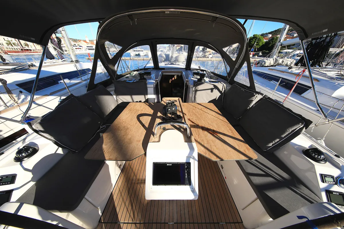 Cockpit of Lizzy, a Bavaria C42 Style sailboat at Grad Trogir, Croatia