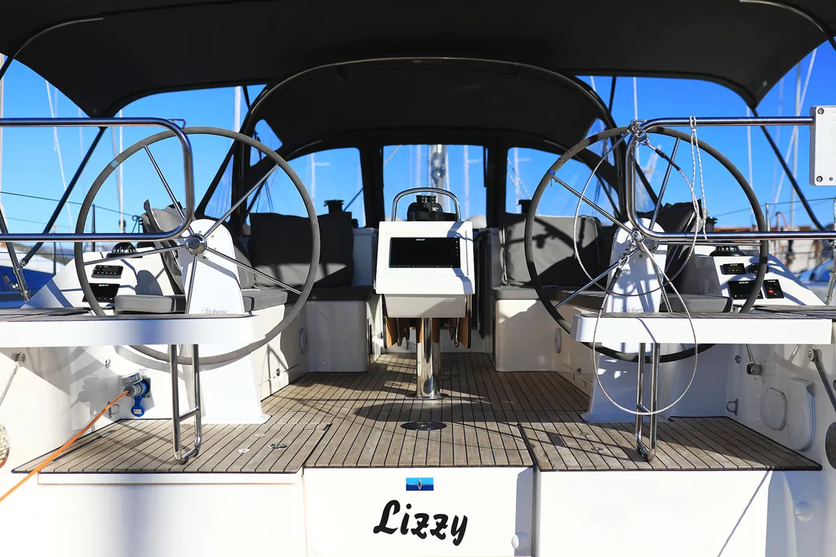 Cockpit of Lizzy, a Bavaria C42 Style sailboat at Grad Trogir, Croatia