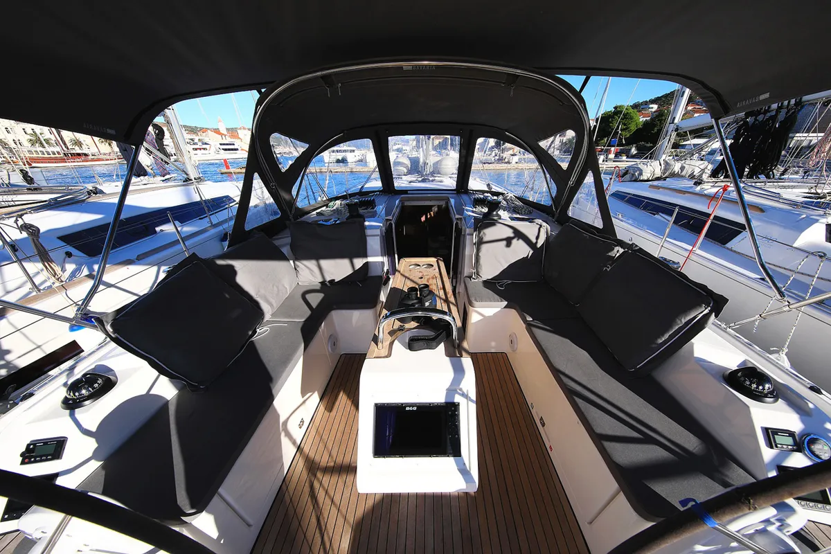 Cockpit of Lizzy, a Bavaria C42 Style sailboat at Grad Trogir, Croatia