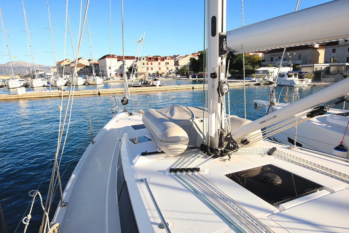 Deck of Lizzy, a Bavaria C42 Style sailboat at Grad Trogir, Croatia