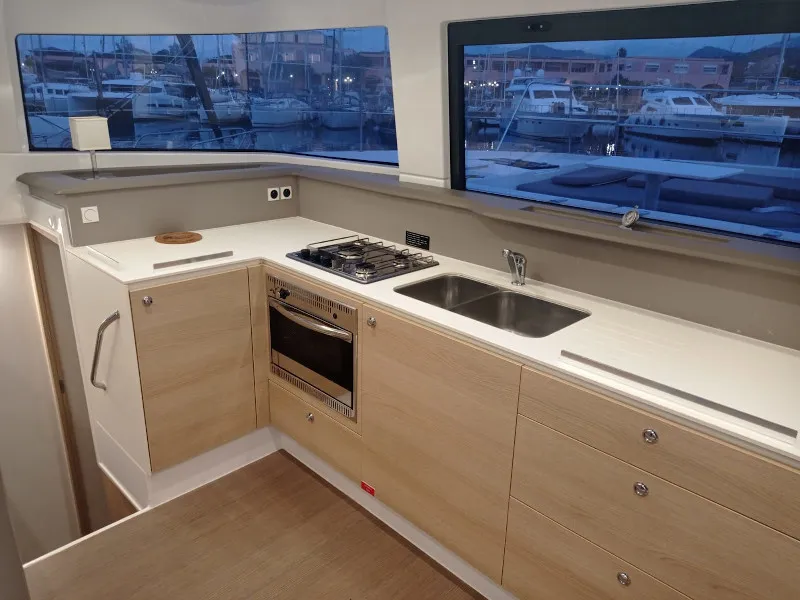 Galley of Mary, a Bali 4.3 catamaran at Cannigione, Italy
