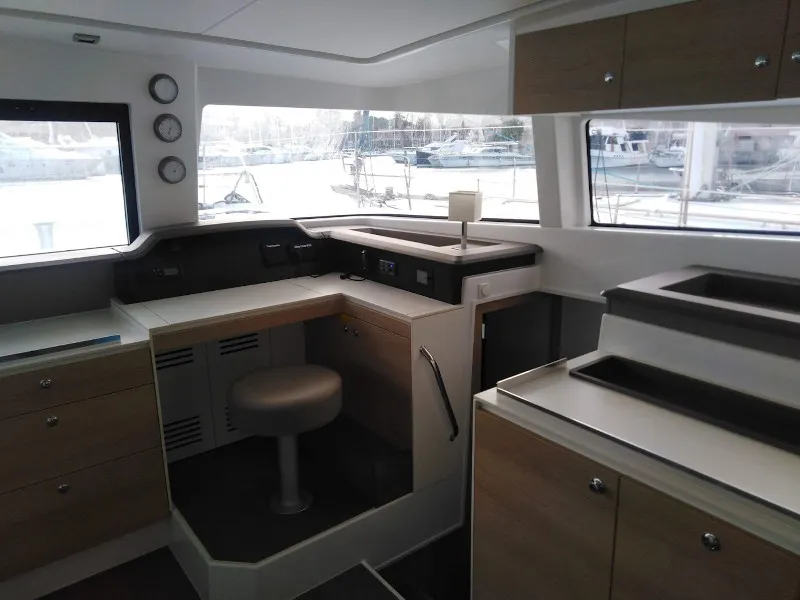 Cockpit of Mary, a Bali 4.3 catamaran at Cannigione, Italy