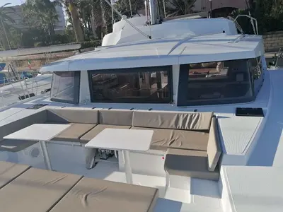 Deck of Mary, a Bali 4.3 catamaran at Cannigione, Italy