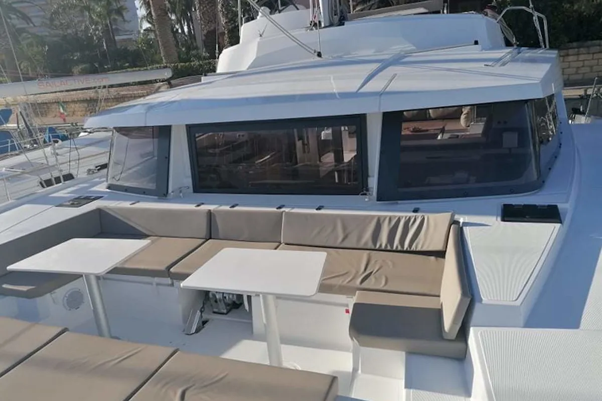 Deck of Mary, a Bali 4.3 catamaran at Cannigione, Italy
