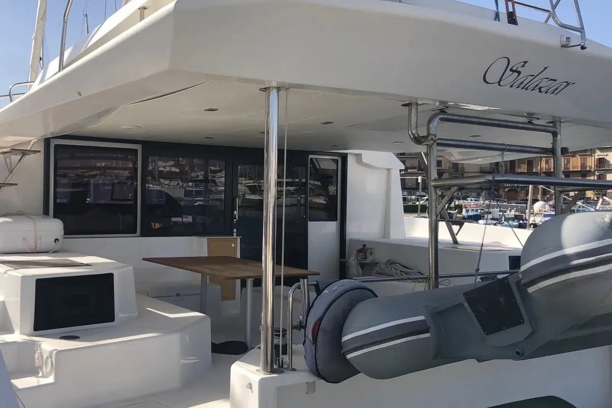Exterior view of Salazar, a Dufour 48 Cat catamaran at Palermo, Italy