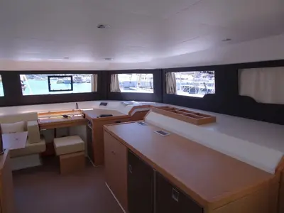 Salon of Salazar, a Dufour 48 Cat catamaran at Palermo, Italy