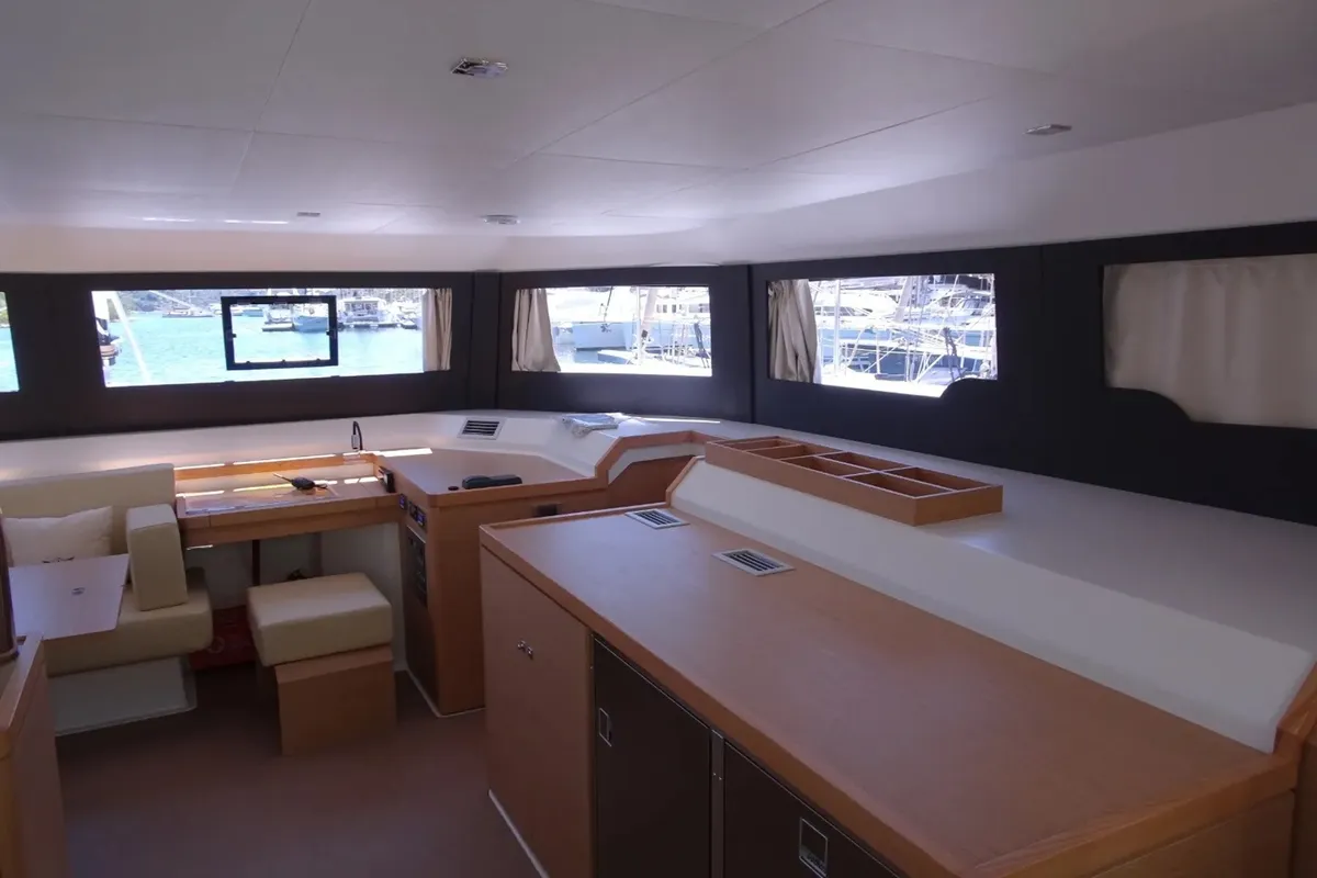 Salon of Salazar, a Dufour 48 Cat catamaran at Palermo, Italy
