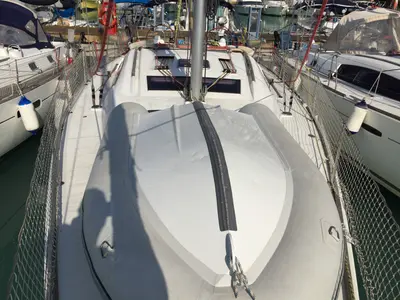 Deck of Little Mermaid, a Beneteau Oceanis 43 sailboat at Olbia, Italy