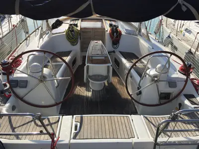 Cockpit of Little Mermaid, a Beneteau Oceanis 43 sailboat at Olbia, Italy