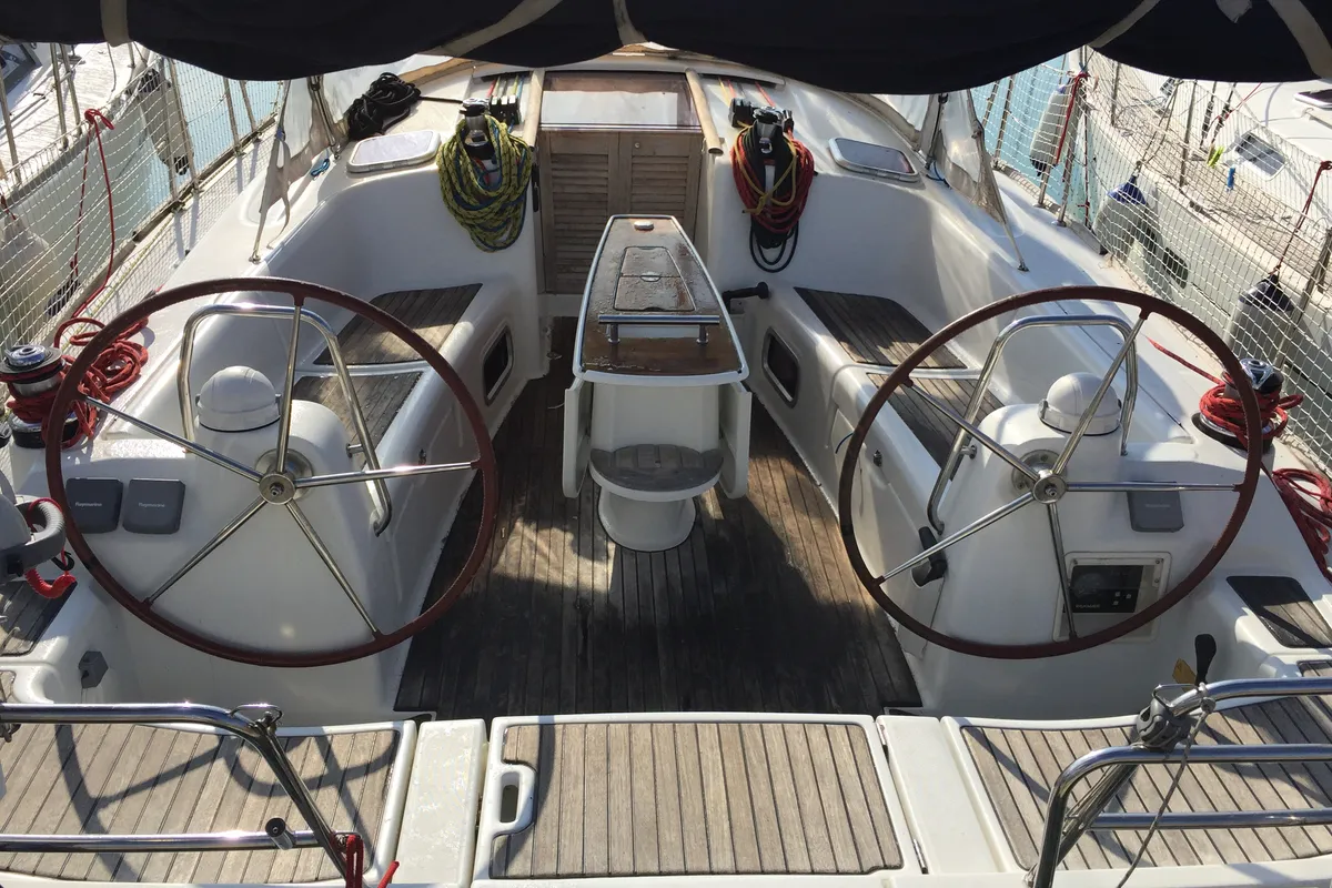 Cockpit of Little Mermaid, a Beneteau Oceanis 43 sailboat at Olbia, Italy