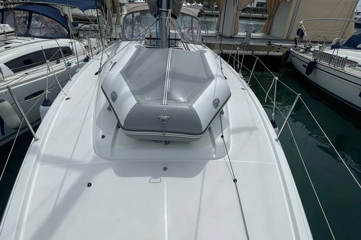 Deck of Alboran Amaretto, a Jeanneau Sun Odyssey 440 sailboat at es Jonquet, Spain