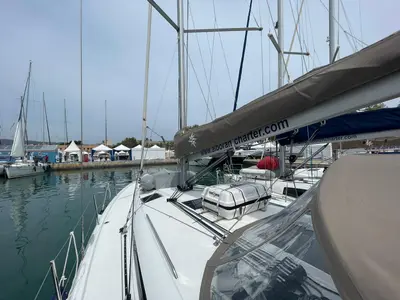 Deck of Alboran Amaretto, a Jeanneau Sun Odyssey 440 sailboat at es Jonquet, Spain