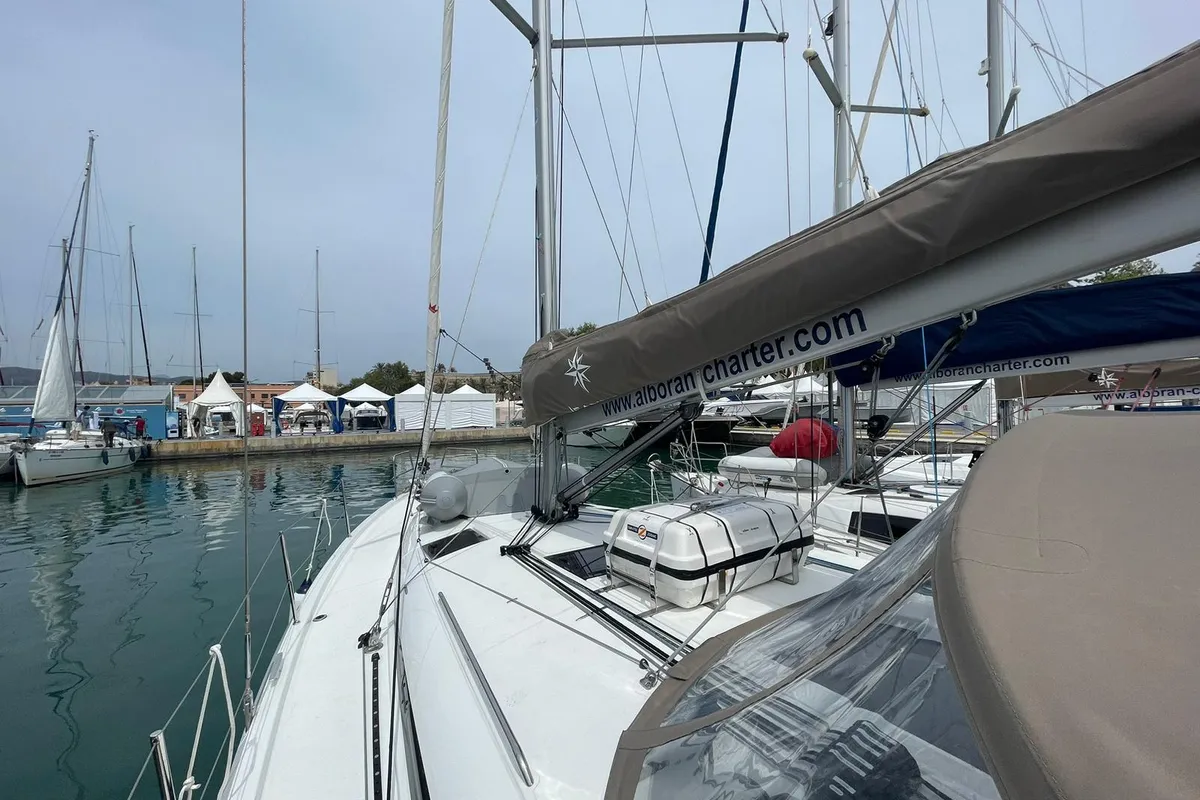 Deck of Alboran Amaretto, a Jeanneau Sun Odyssey 440 sailboat at es Jonquet, Spain