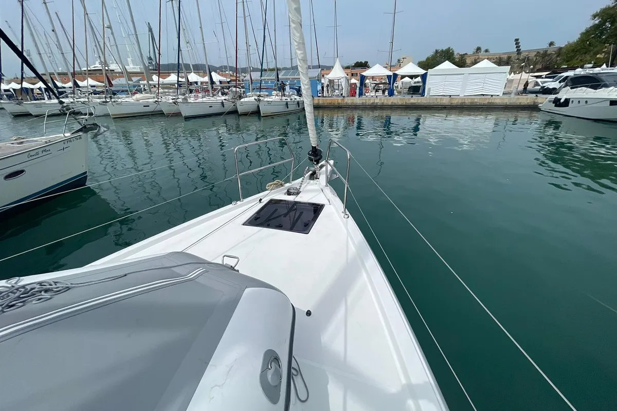 Exterior view of Alboran Amaretto, a Jeanneau Sun Odyssey 440 sailboat at es Jonquet, Spain