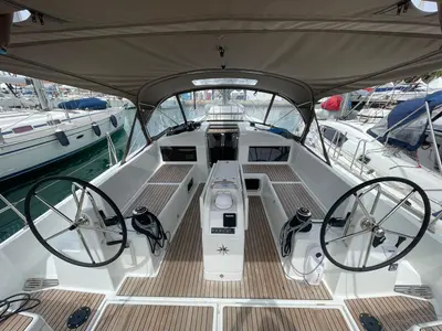 Cockpit of Alboran Amaretto, a Jeanneau Sun Odyssey 440 sailboat at es Jonquet, Spain