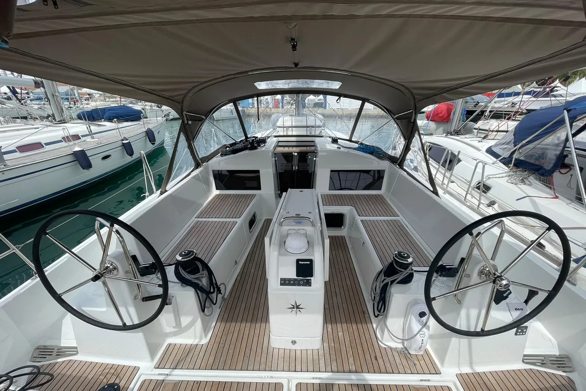Cockpit of Alboran Amaretto, a Jeanneau Sun Odyssey 440 sailboat at es Jonquet, Spain