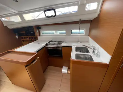 Galley of Alboran Amaretto, a Jeanneau Sun Odyssey 440 sailboat at es Jonquet, Spain