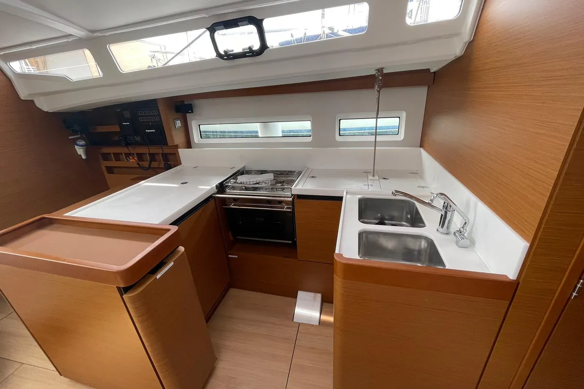 Galley of Alboran Amaretto, a Jeanneau Sun Odyssey 440 sailboat at es Jonquet, Spain