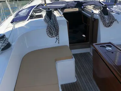 Deck of Slovenska 4, a Bavaria Cruiser 46 sailboat at Split, Croatia