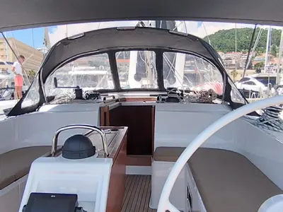 Cockpit of Slovenska 4, a Bavaria Cruiser 46 sailboat at Split, Croatia