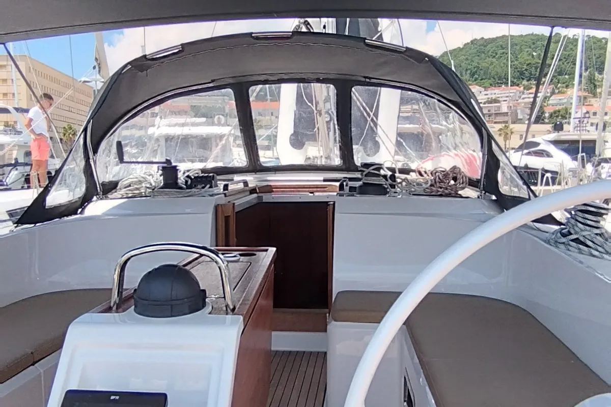 Cockpit of Slovenska 4, a Bavaria Cruiser 46 sailboat at Split, Croatia