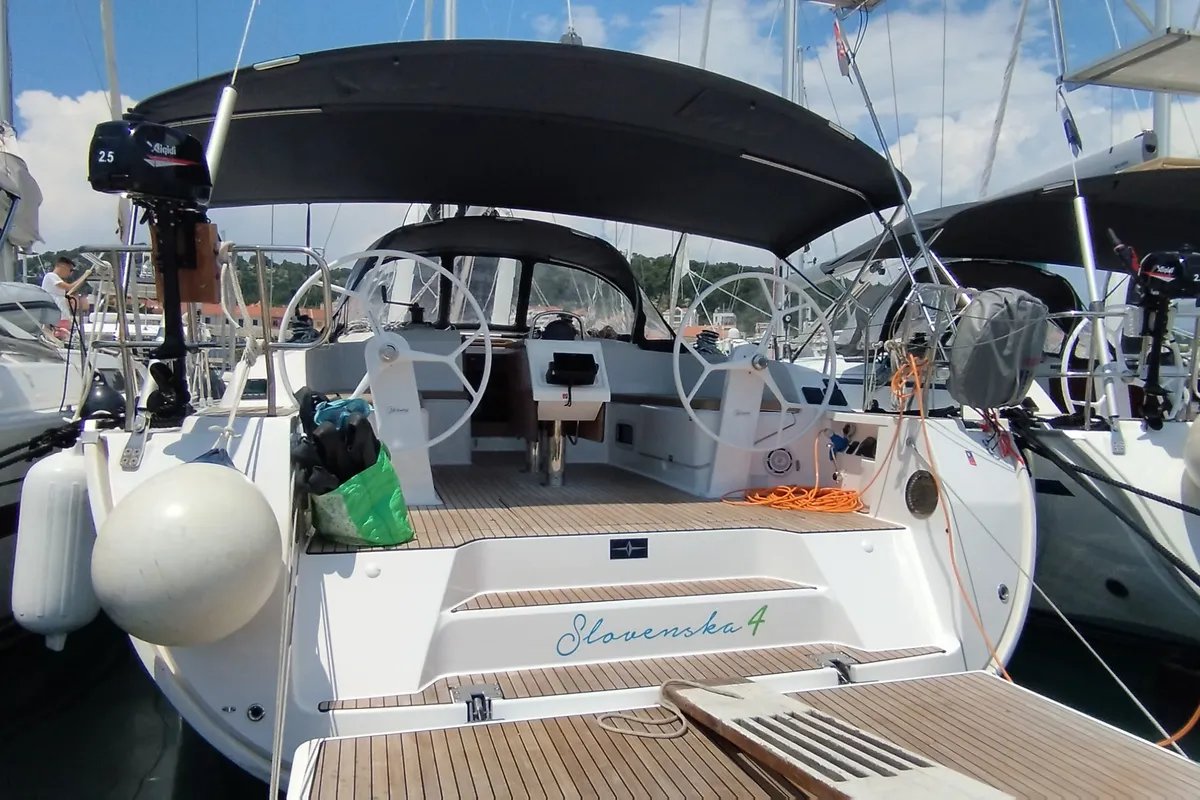 Exterior view of Slovenska 4, a Bavaria Cruiser 46 sailboat at Split, Croatia