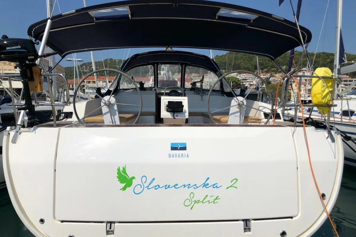 Exterior view of Slovenska 4, a Bavaria Cruiser 46 sailboat at Split, Croatia