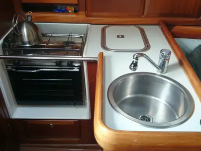Galley of Theodor Storm, a Bavaria 32 sailboat at Kontokali, Greece