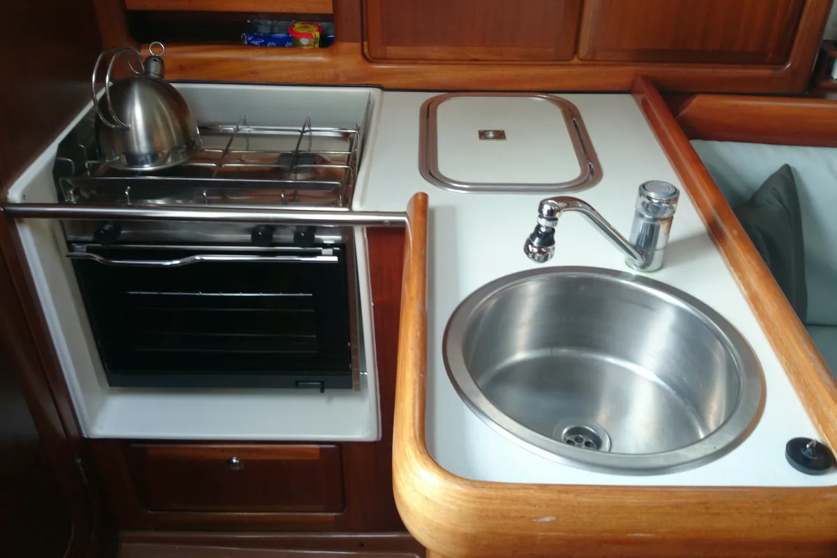 Galley of Theodor Storm, a Bavaria 32 sailboat at Kontokali, Greece
