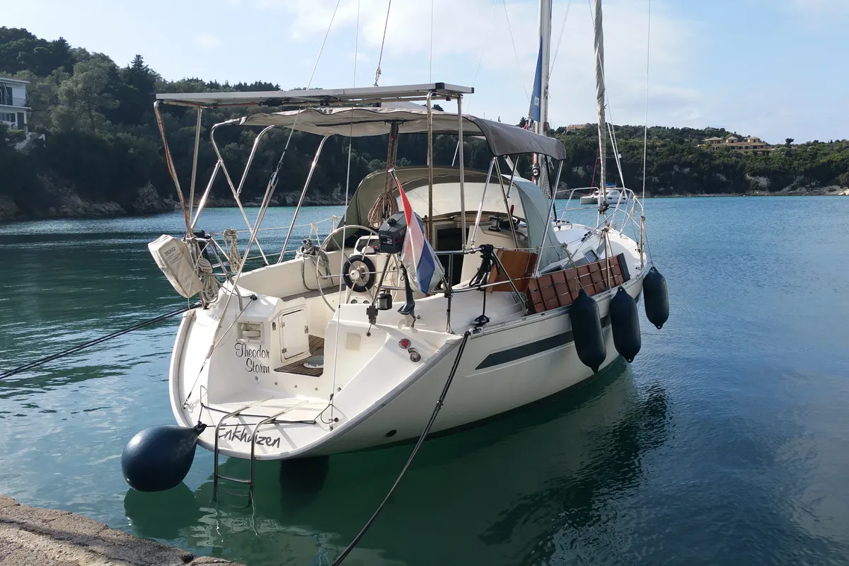 Exterior view of Theodor Storm, a Bavaria 32 sailboat at Kontokali, Greece