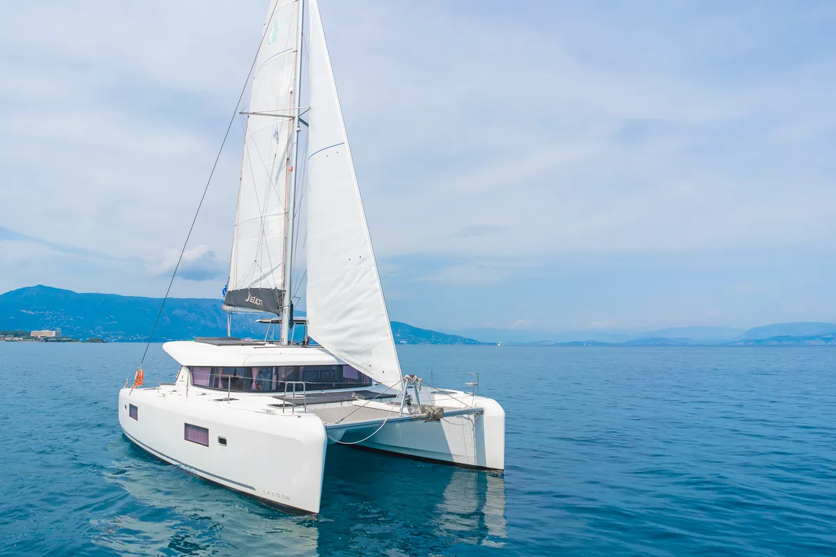 Exterior view of Four Seasons, a Lagoon 42 catamaran at Kontokali, Greece