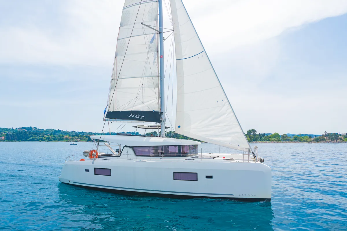 Exterior view of Four Seasons, a Lagoon 42 catamaran at Kontokali, Greece
