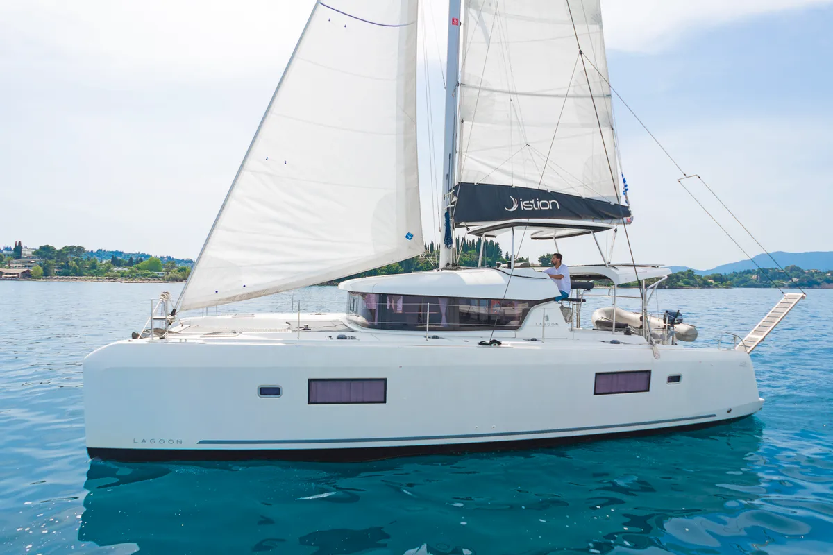 Exterior view of Four Seasons, a Lagoon 42 catamaran at Kontokali, Greece