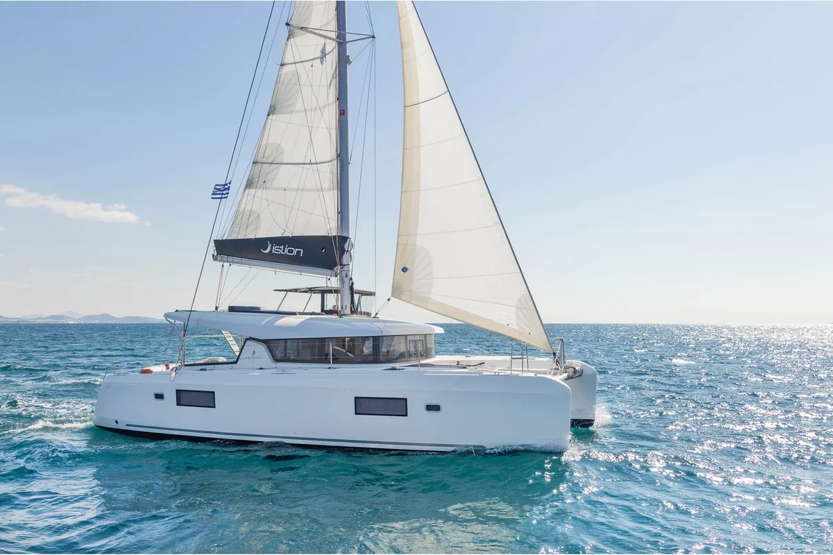 Exterior view of Four Seasons, a Lagoon 42 catamaran at Kontokali, Greece