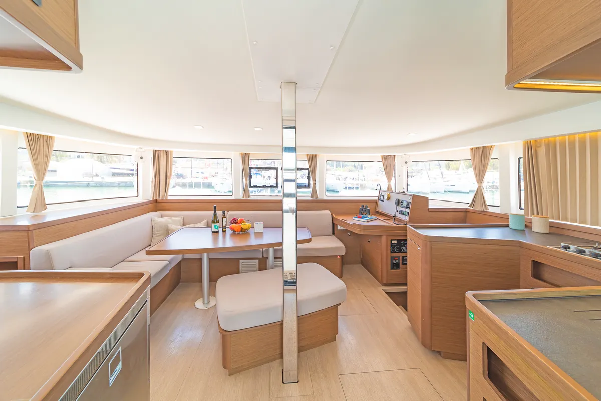Salon of Four Seasons, a Lagoon 42 catamaran at Kontokali, Greece