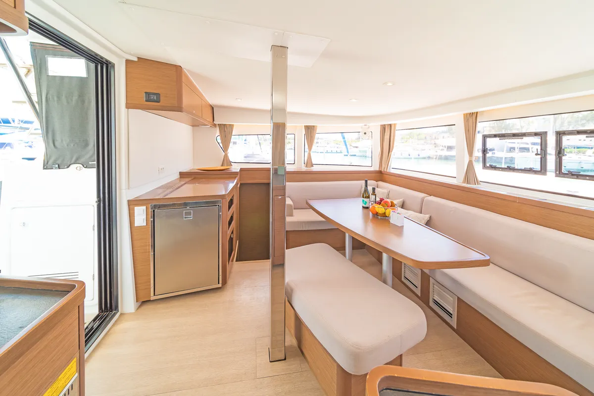 Salon of Four Seasons, a Lagoon 42 catamaran at Kontokali, Greece