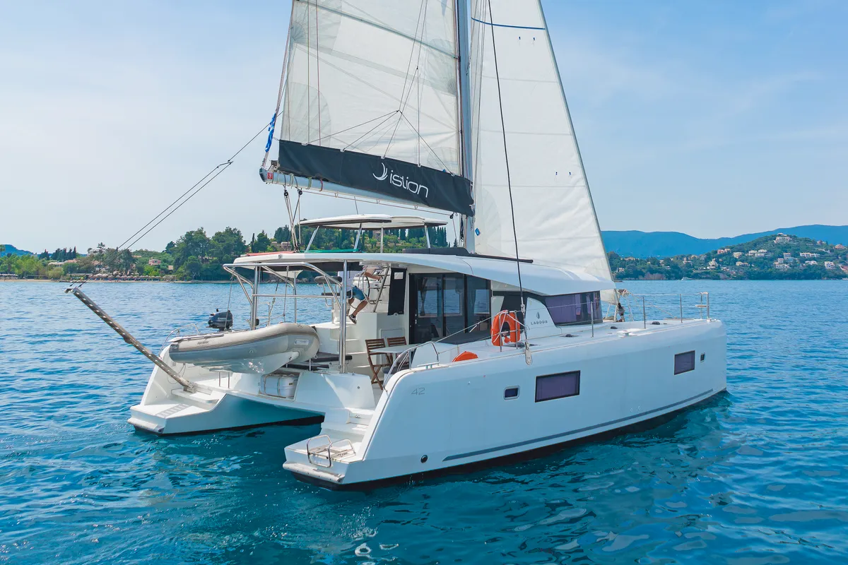 Exterior view of Four Seasons, a Lagoon 42 catamaran at Kontokali, Greece