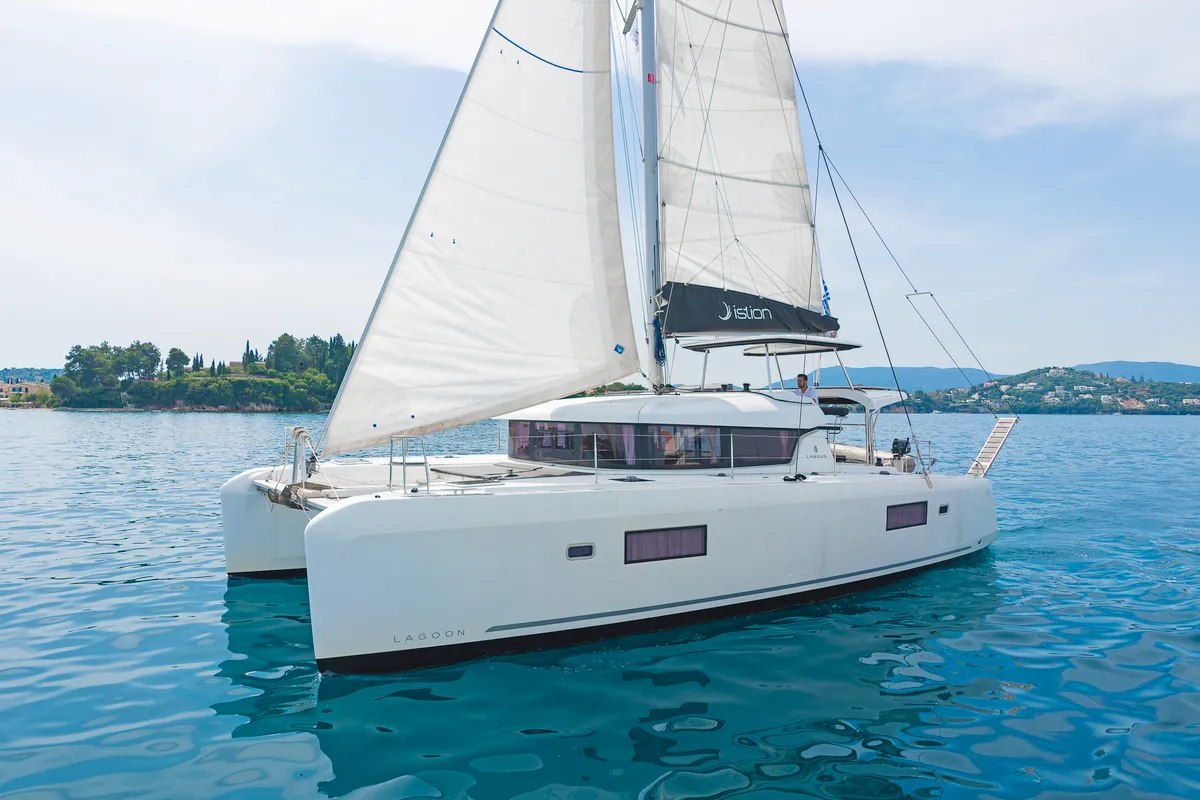 Exterior view of Four Seasons, a Lagoon 42 catamaran at Kontokali, Greece