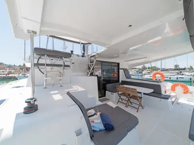 Cockpit of Four Seasons, a Lagoon 42 catamaran at Kontokali, Greece