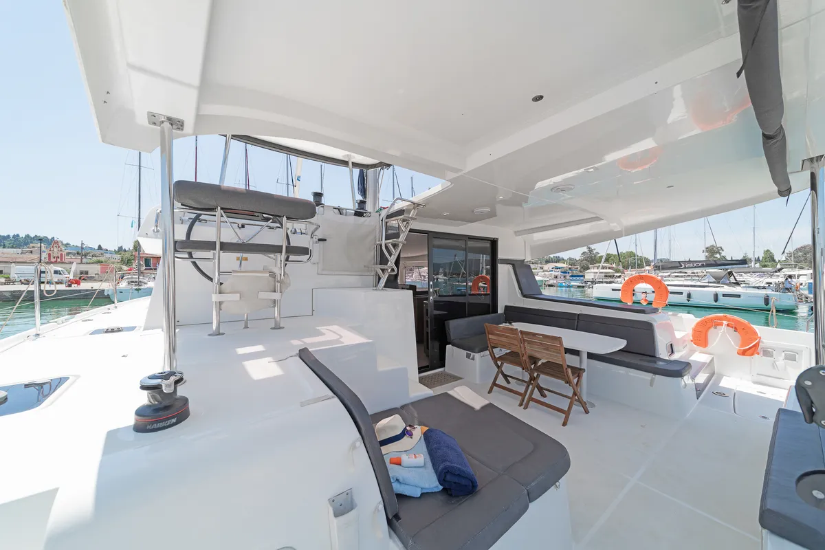 Cockpit of Four Seasons, a Lagoon 42 catamaran at Kontokali, Greece