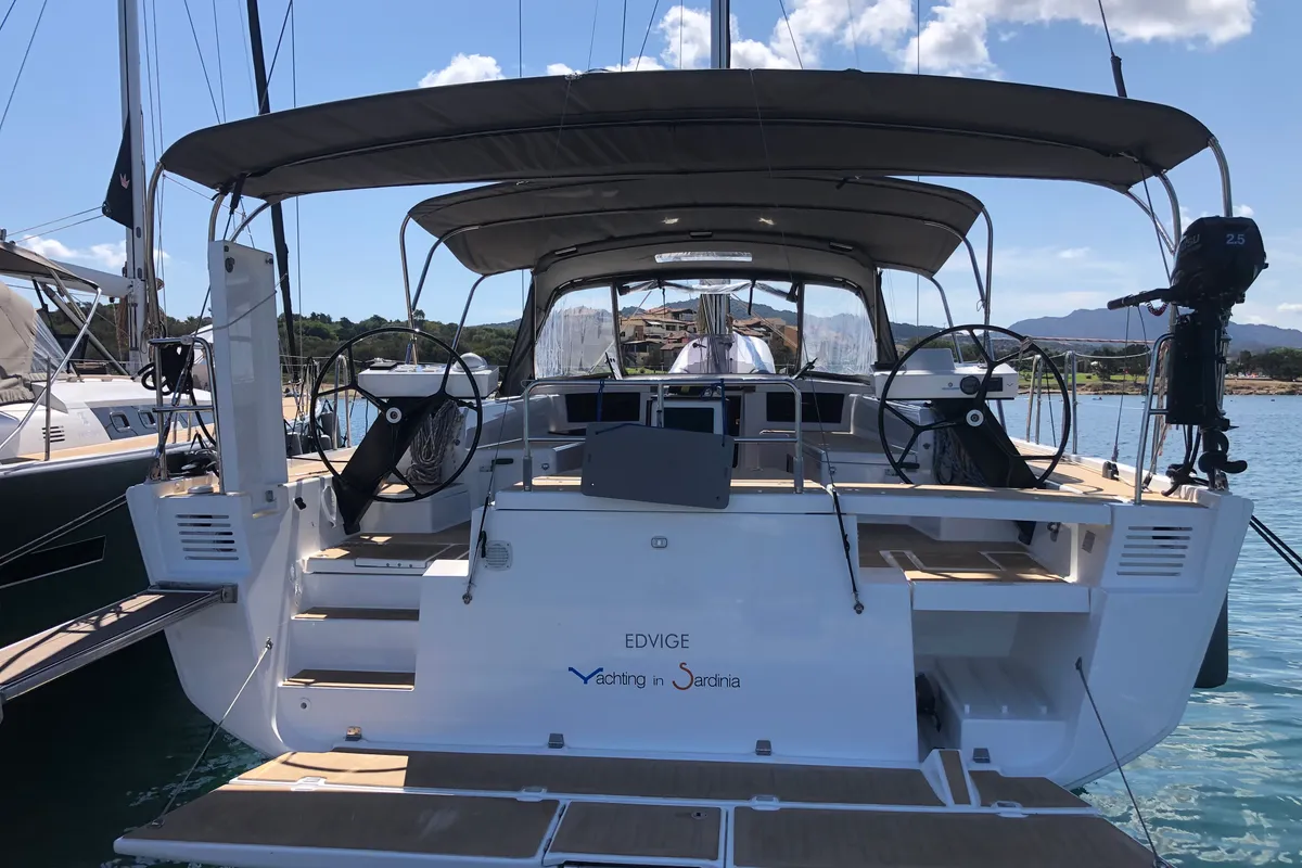Exterior view of Edvige, a Dufour 530 sailboat at Olbia, Italy