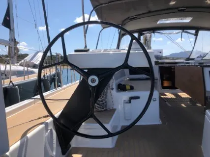 Cockpit of Edvige, a Dufour 530 sailboat at Olbia, Italy