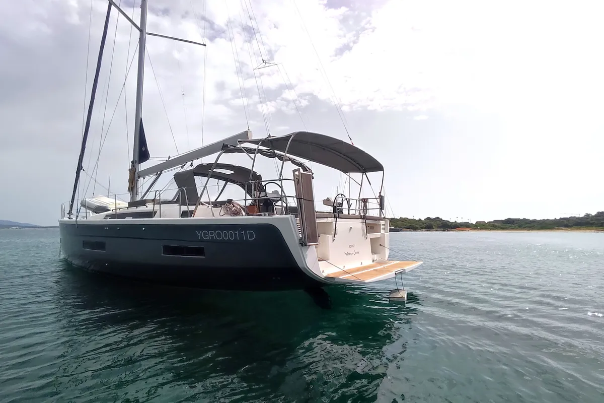 Exterior view of Edvige, a Dufour 530 sailboat at Olbia, Italy