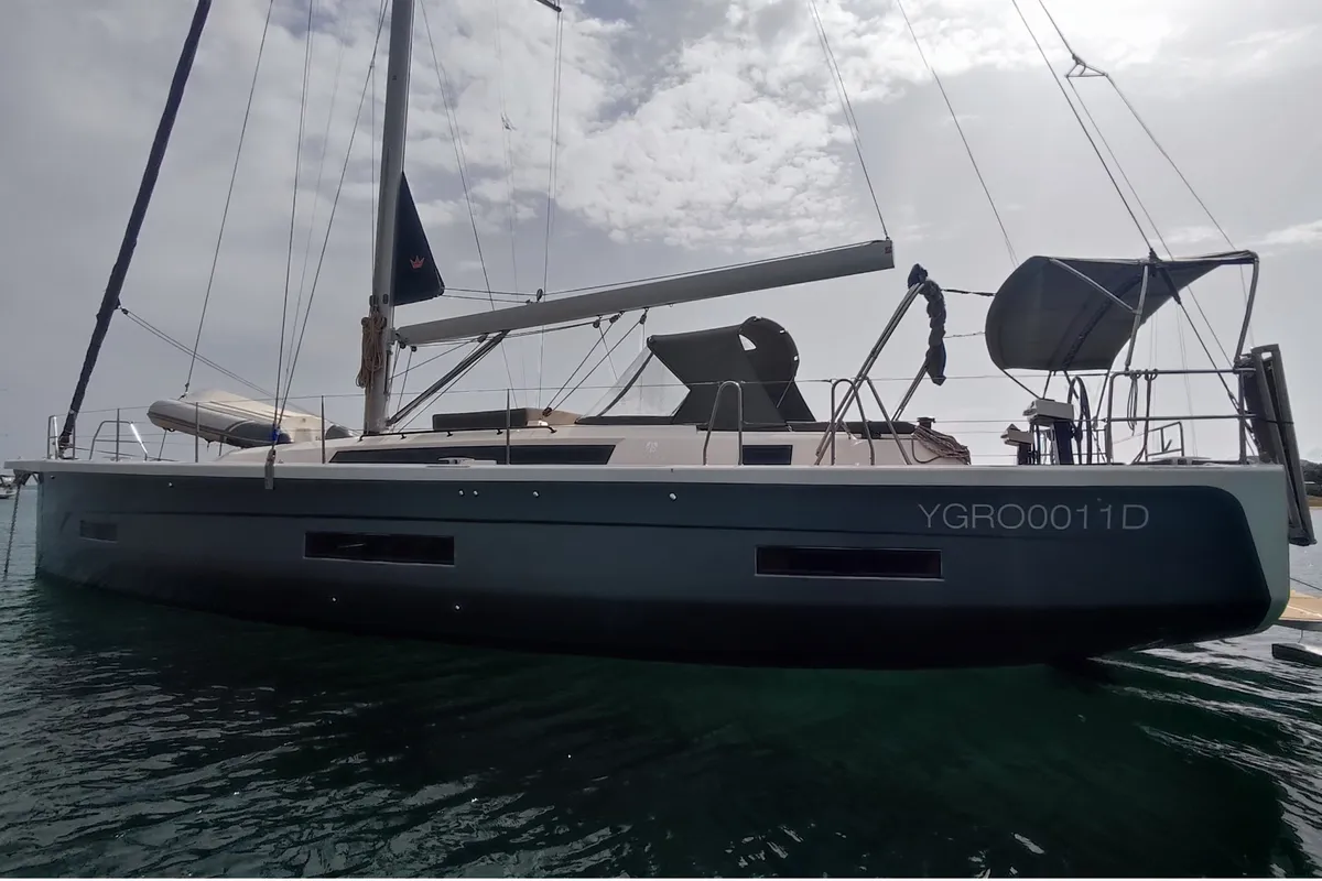 Exterior view of Edvige, a Dufour 530 sailboat at Olbia, Italy