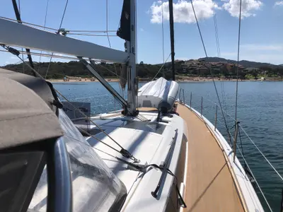 Deck of Edvige, a Dufour 530 sailboat at Olbia, Italy