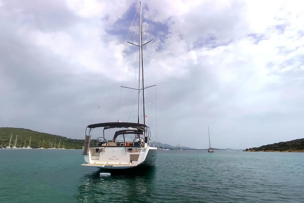 Exterior view of Edvige, a Dufour 530 sailboat at Olbia, Italy