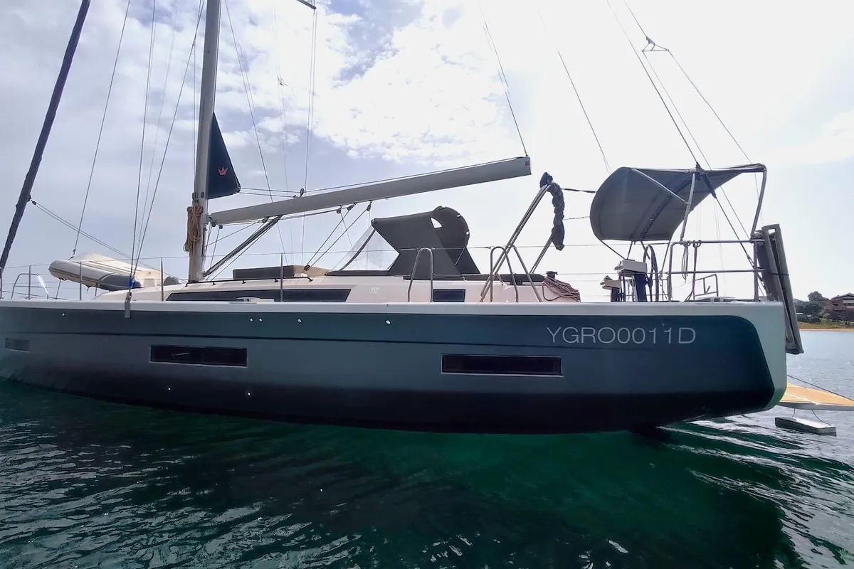 Exterior view of Edvige, a Dufour 530 sailboat at Olbia, Italy
